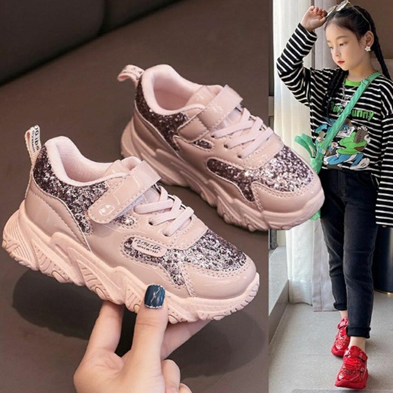 Qeede_Store [COD] Sepatu CHILL Sneakers Import Anak Perempuan Glitter Glossy Size 26-37