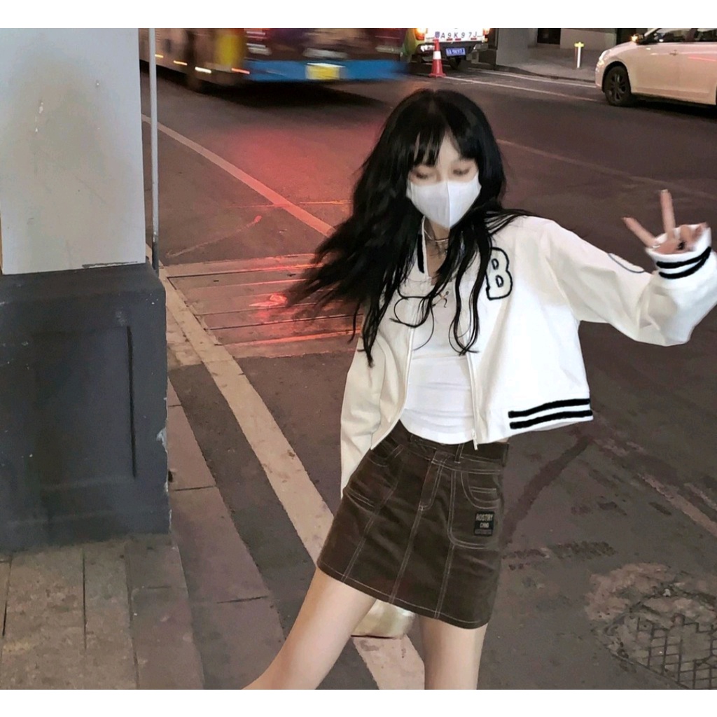 B BASEBALL CROPE JAKET VARSITY JAKET BASBELL KOREAN STYLE WANITA