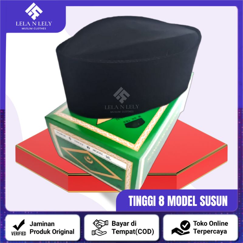 Songkok Susun Nonjol Tinggi 8 Bulan Bintang Mas Peci Hitam Polos Box Hijau