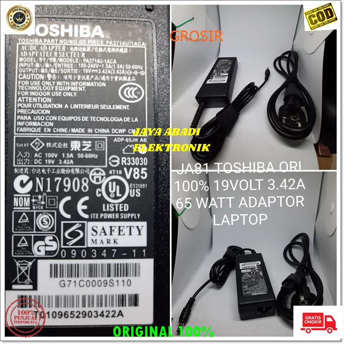 J81 ORIGINAL TOSHIBA ADAPTOR LAPTOP SATU SET KABEL POWER 19V 3.42A 65 WATT CASAN CHARGER POWER ADAPTER ELEKTRONIK FAST CHARGING AC DC SPEED ADAPTIVE MULTI UNIVERSAL ORIGINAL VOLT AMPERE VOLTASE BISA UNTUK SEGALA JENIS MERK DAN TYPE LAPTOP DAN NOTEBOK