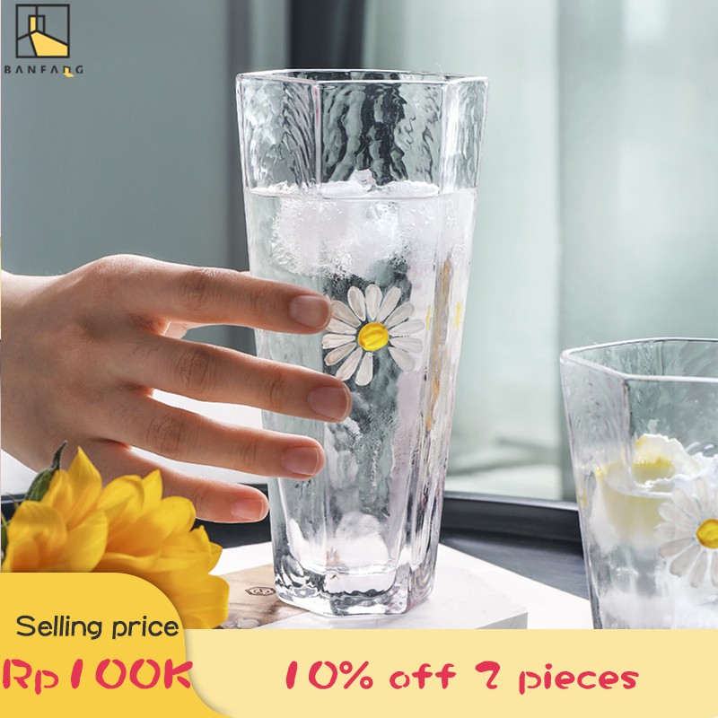Banfang Gelas  Kecil Motif Lukisan  Tangan Bunga Daisy 