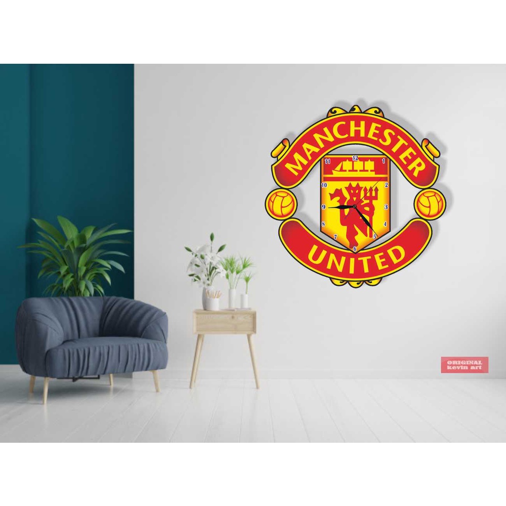 JAM DINDING KAYU UNIK BESAR VINTAGE KARAKTER MURAH GAMBAR LOGO MANCHASTER UNITED