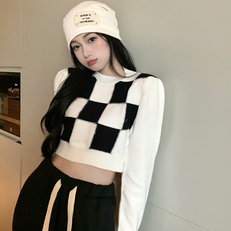 sweater crop knit lengan panjang wanita kotak kotak knitwear