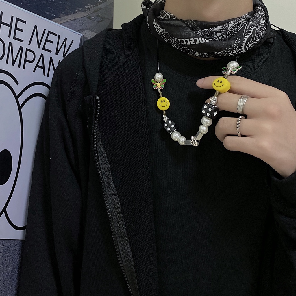 Kalung Rantai Multi Elemen Desain Bintang Smiley Tengkorak Aksen Mutiara Gaya Hip hop Untuk Pria Dan Wanita