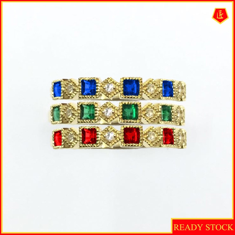 [Ready Stock]Simple Personality Square Diamond Emerald Ring 18K Gold