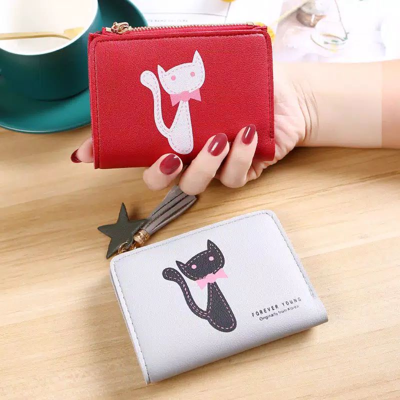 Dompet Lipat Mini Resleting Pendek Wanita Remaja / Dompet Lipat Lucu Motif Kucing