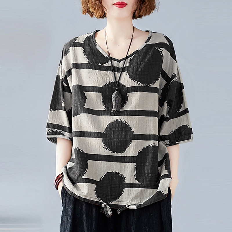 ZANZEA Women Half Sleeve Drawstring Hem Striped Dot Print Blouse