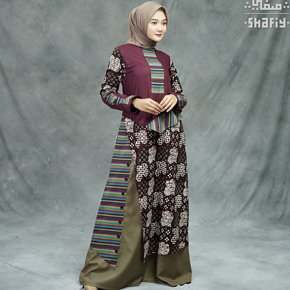 Manika Ungu Gamis Batik Shafiy Original Modern Etnik Jumbo Kombinasi Polos Tenun Lurik Dress Wanita Muslimah Dewasa Kekinian Cantik Kondangan Blouse Batik Wanita Muslim Syari Premium Terbaru Dress Tradisional