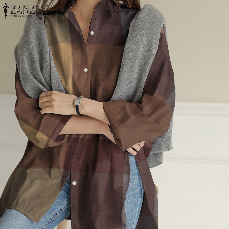 ZANZEA Women Casual Long Sleeve Collared Plaid Buttons Blouse