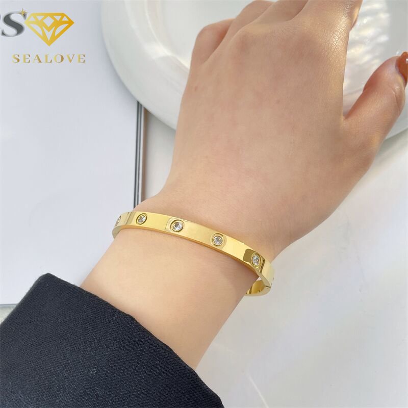 Gelang Tangan Titanium Wanita Berlian Premium Lapis Emas 18K Bulat Anti Karat Bangle Korea Perhiasan