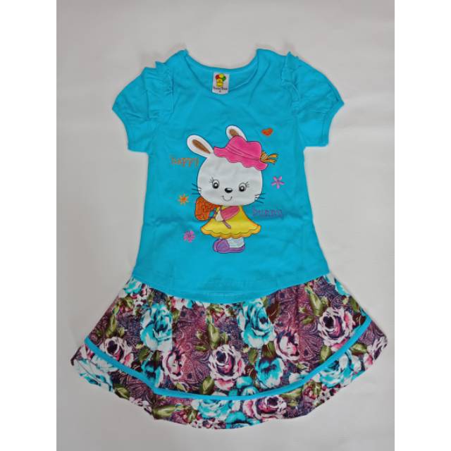 BAJU ANAK PEREMPUAN SETELAN KAOS DAN ROK BUNNY GAMBAR TEMPEL BORDIR BAGUS SIZE 4 - 8