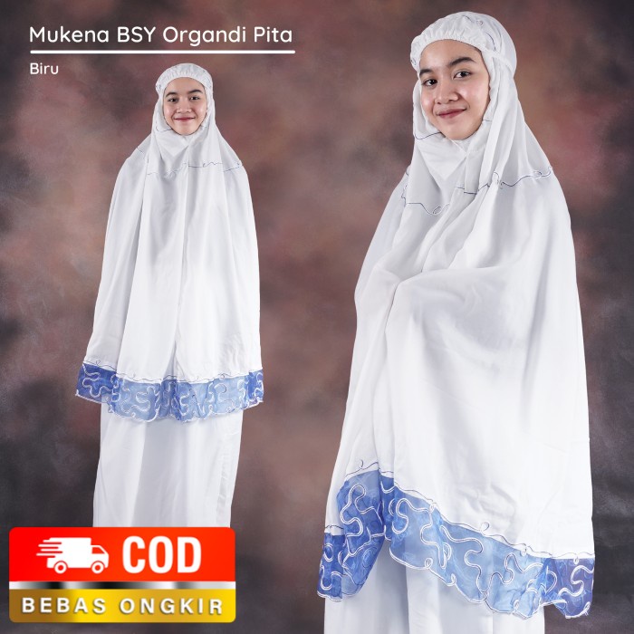 Mukena Dewasa BSY Katun Organdi Pita Adem Lembut Bonus Tas Cantik - Biru
