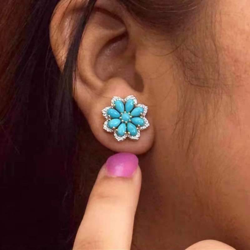 Boho Vintage Turquoise Stud Earrings Women 925 Sterling Silver Snow Flower Diamond Earrings Bridal Wedding Party Anniversary Gift Jewelry