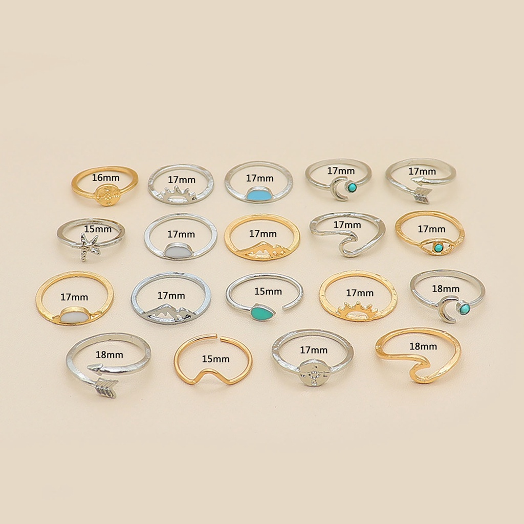 Hu Hu Hu Hu Hu Alat Bantu Pasang Kacamata♡ 19pcs / Set Cincin Model Terbuka Desain Ombak Hias Turquoise Gaya Boho / Etnik Untuk Wanita