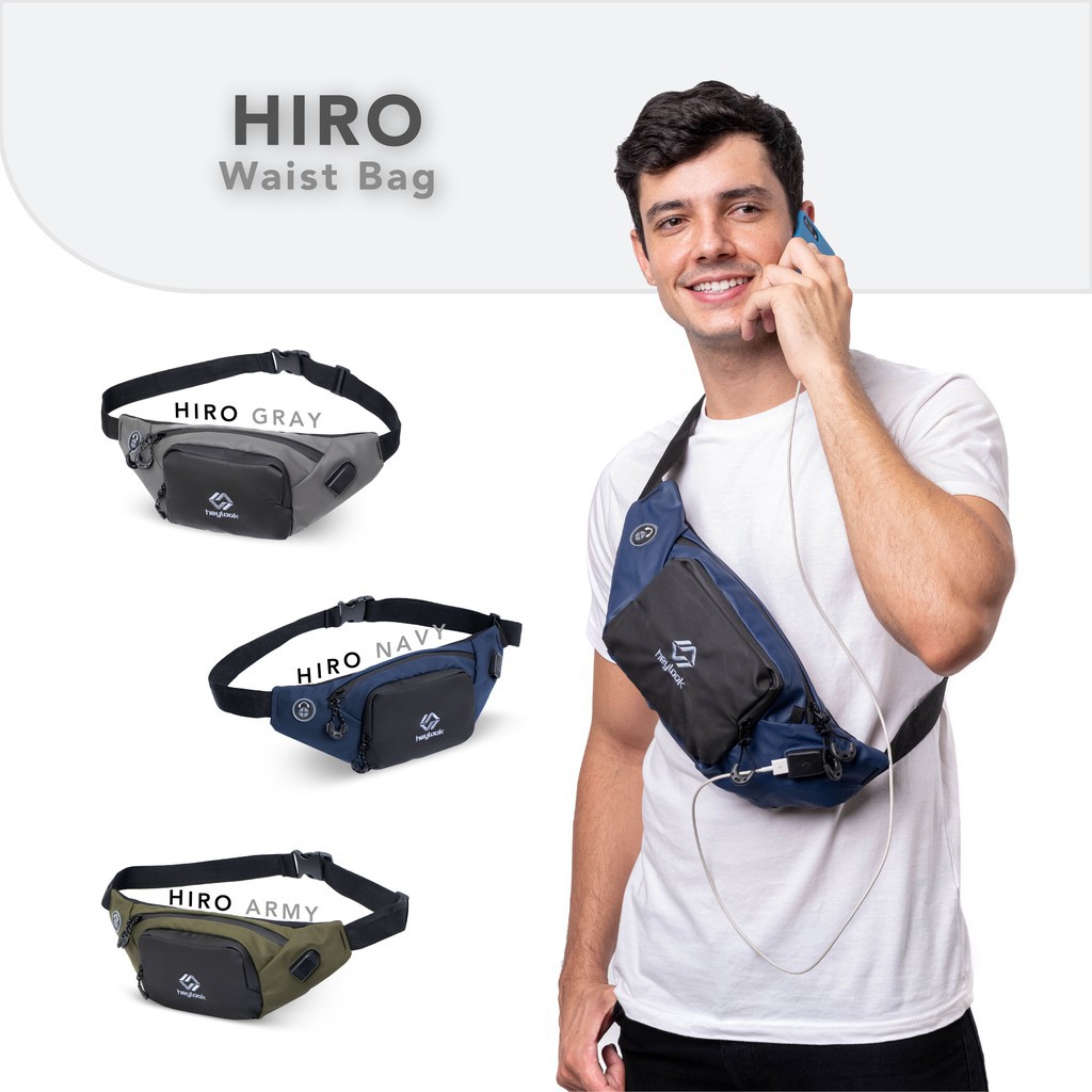 (BISA COD) Tas Waistbag / Sling Bag USB Trendy Pria dan Wanita / Waistbag Original R2 Anti Air Hiro