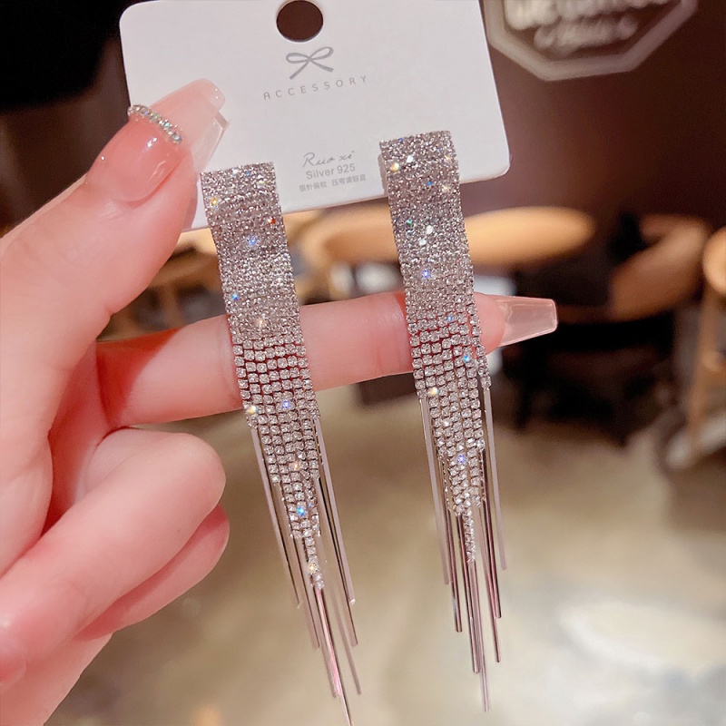 XiaoboACC Anting Gantung Panjang Tusuk Silver Sterling 925 Aksen Zircon + Rumbai Untuk Perhiasan Wanita