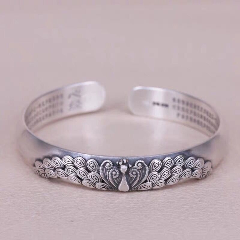 Gelang Tangan Silver 925 Motif Burung Merak Timbul Ala Thailand / Vintage Untuk Wanita