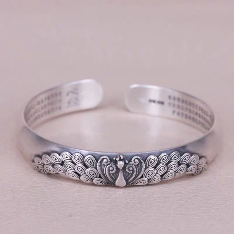 Gelang Tangan Silver 925 Motif Burung Merak Timbul Ala Thailand / Vintage Untuk Wanita