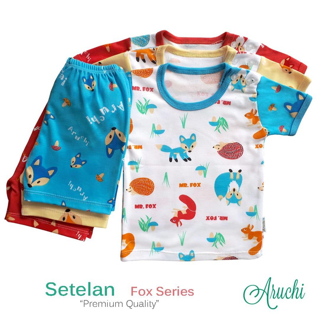 3stelan Aruchi Kancing Pundak Pendek size S, M, L, dan XXL. Motif fox