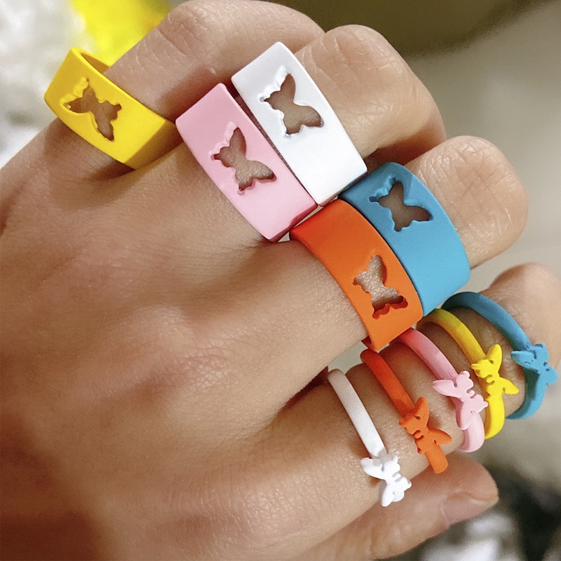 2pcs Set Cincin Pasangan Desain Kupu-Kupu Dapat Disesuaikan Gaya Punk Untuk Aksesoris Multicolor Butterfly