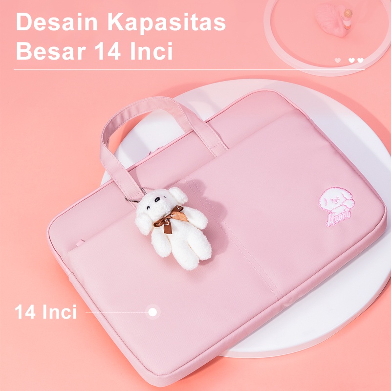 Deli Tas Laptop 14 inch Tas Kerja Wanita Tas Kerja Pira Pink Biru Busa Liontin Boneka Menangani Ritsleting Tas Official Briefcase