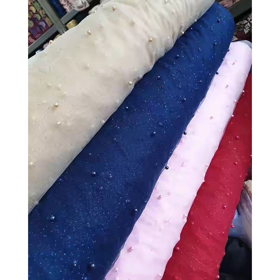 Kain Tile Mutiara Polos Gliter Tulle Gliter