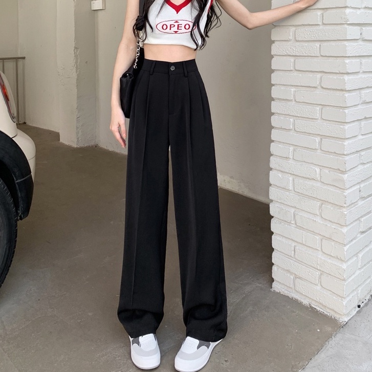 celana highwaist wanita/straight loose celana kulot panjang/import korean style kasual hitam pants