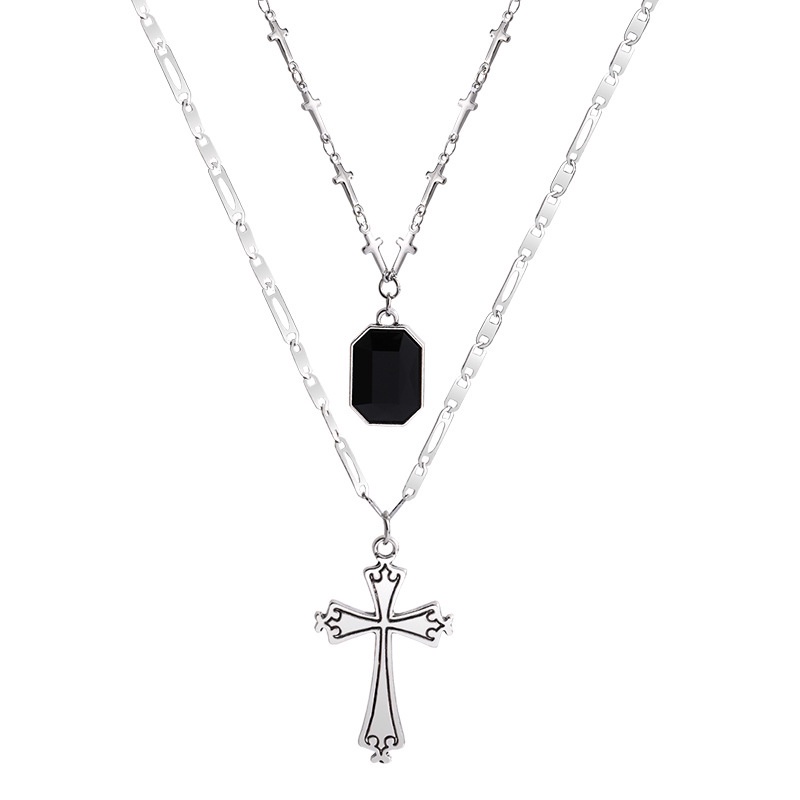 Black Diamond Cross Multilayer Necklace Accessories Personality Street Hip Hop Clavicle Chain