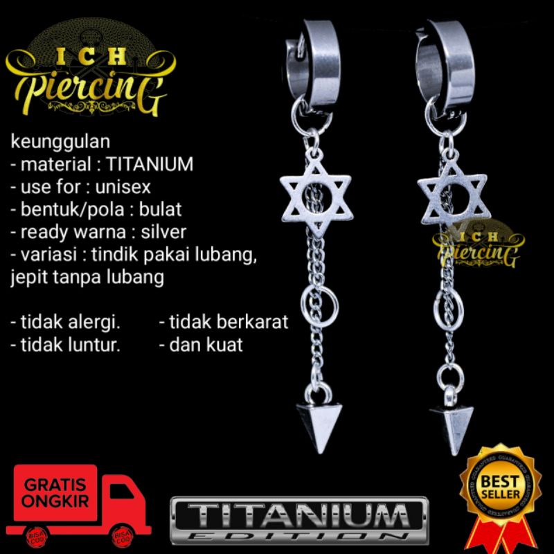 Anting Gantungan Bintang hexagram ring bandul / Anting Titanium silver / Anting Pria Wanita/ ICH PIERCING