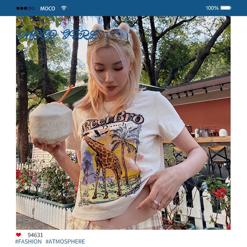 kaos wanita korean style small short top model cropped eropa dan amerika sablon lengan pendek