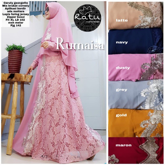Rumaisa syari set  / gamis set mix brokat cornely plus khimar ceruty Girls Muslim Casual