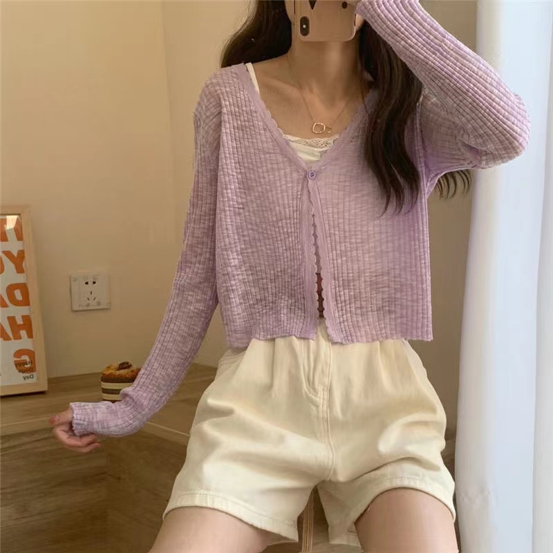 Women Ice Silk Knitted Cardigan V Neck Long Sleeve Cardigan Wanita Lengan Panjang 2657