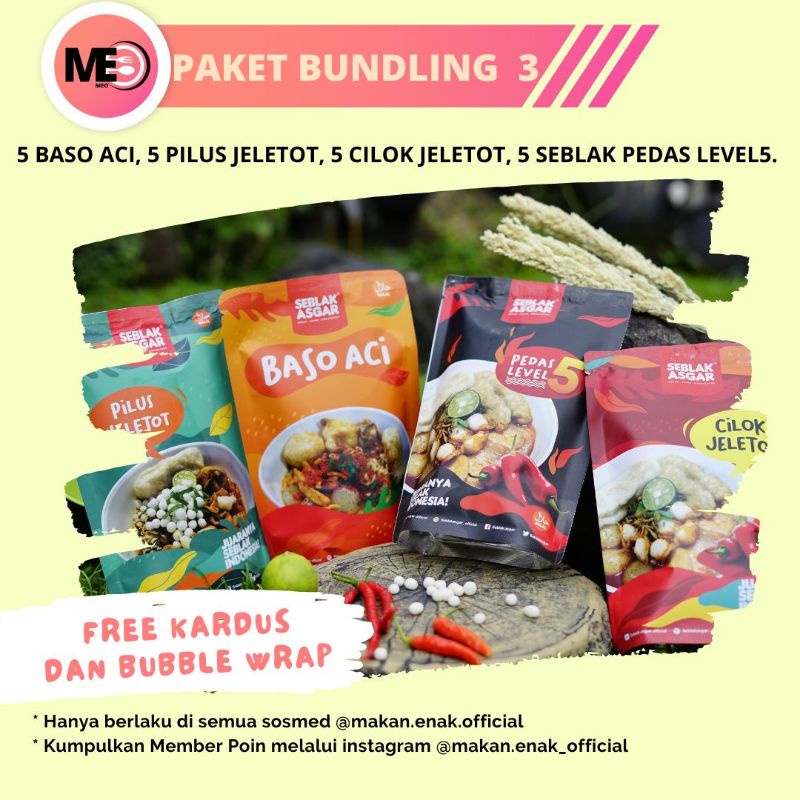 

PAKET BUNDLING 3 (5 BASO ACI. 5 CILOK JELETOT, 5 PILUS JELETOT, 5 SEBLAK PEDAS LEVEL5