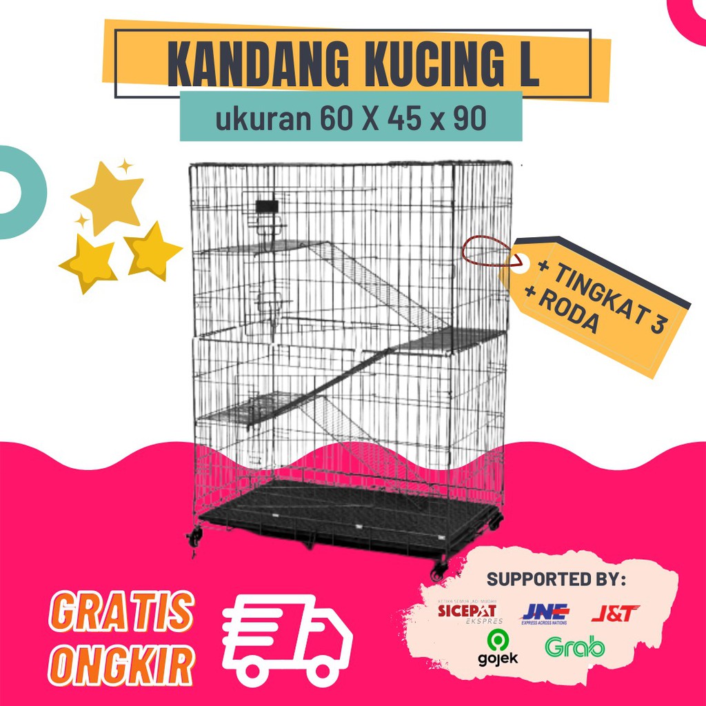 Kandang Kucing Tingkat 3 Size L Ukuran 90x60x45cm  + Roda (Muat 3-4 Ekor Kucing)