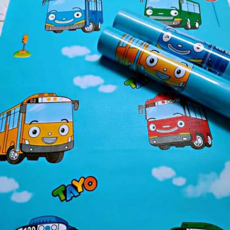Wallpaper Stiker Dinding Warna Biru Langit Motif Karakter Mobil Tayo Mewah Elegan