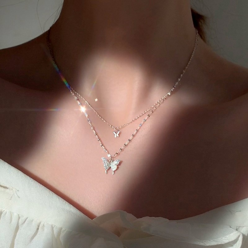 New Trendy Double Layer Rhinestone Butterfly Chain Choker Necklace For Women Silver Color Simple Chain Necklaces Jewelry|Chain Necklaces