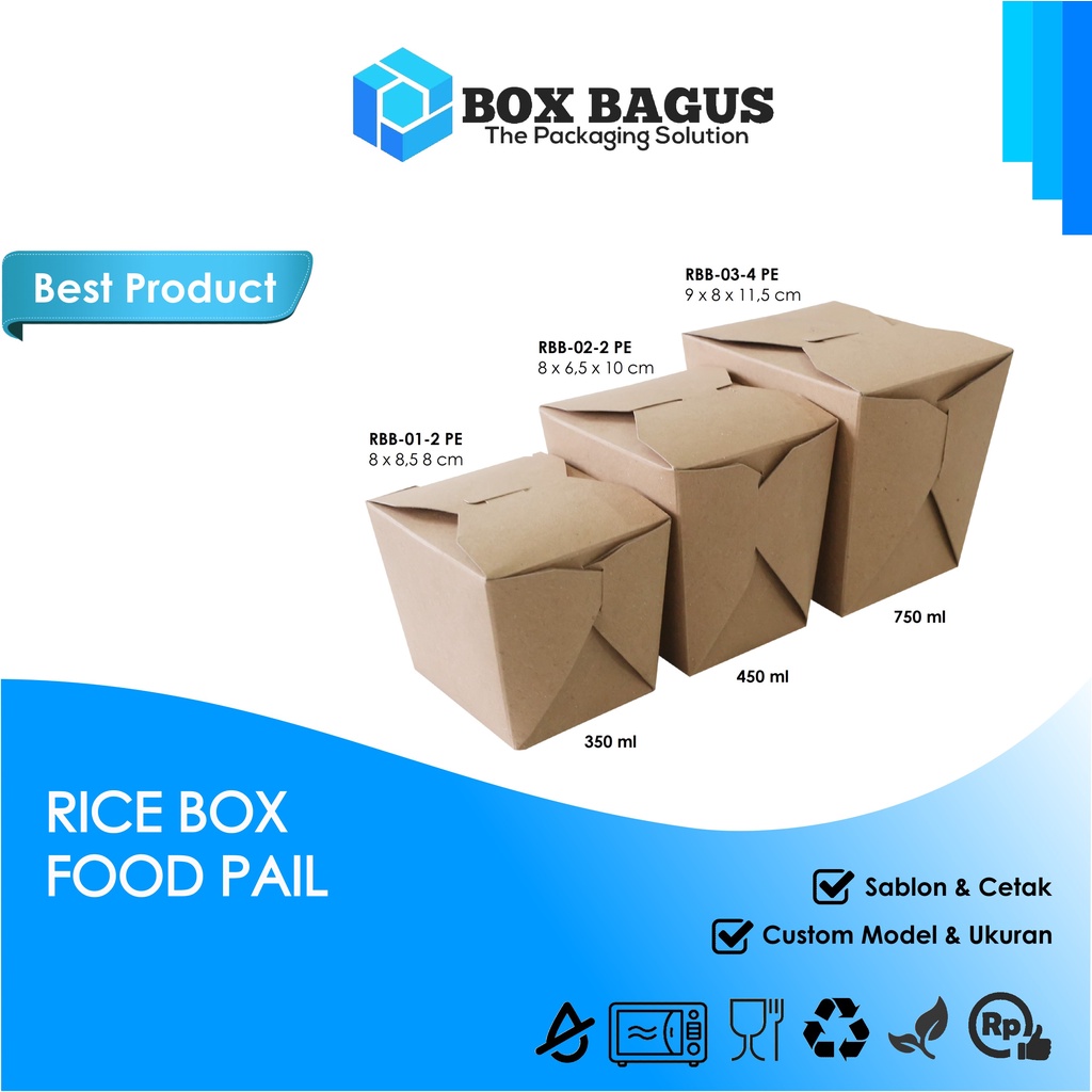 RICE BOX FOOD PAIL DUS KOTAK HAMPERS MAKANAN NASI MIE KUE SNACK 9x8x11,5 cm PAPER KRAFT 325 gsm LAMINASI