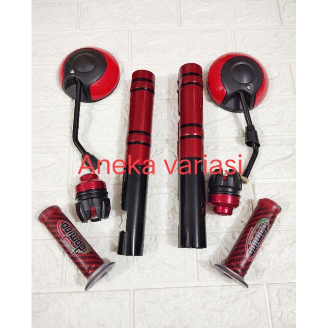 paket Merah 4 in 1 cover shock + handgrip carbon+ Jalu as + spion bulat Honda Beat Scoopy Vario