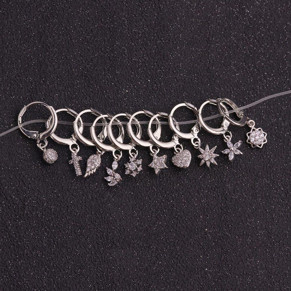 Needway Menjuntai Anting Bulat Warna Emas/ Perak Bunga Bintang Cinta Hati Aksesoris Fashion Hoop Earing