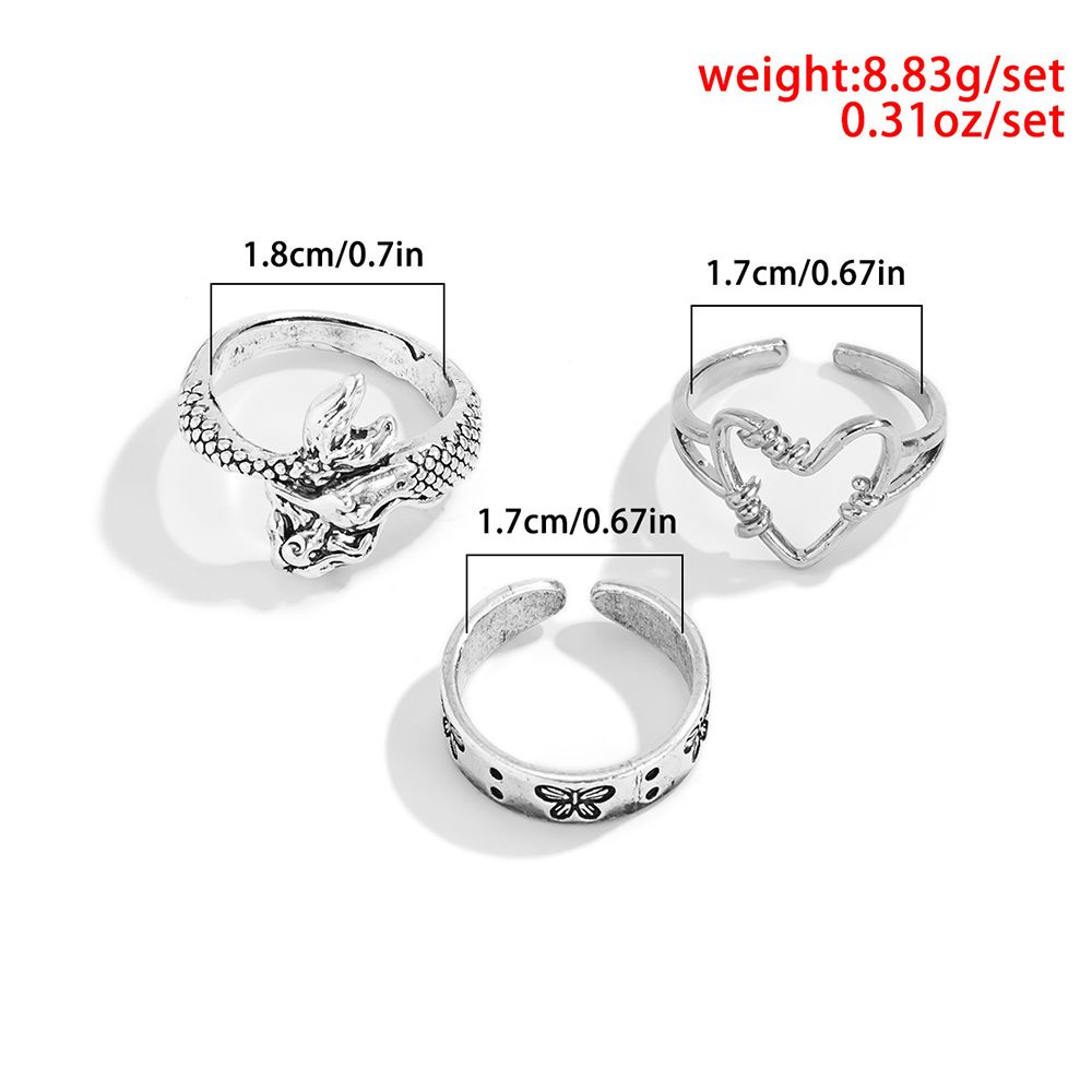 Needway  Adjustable Love Heart Ring Set Retro Fashion Jewelry Korean Style Ring Butterfly Male Personality Geometric Alloy Hip Hop Women Finger Ring
