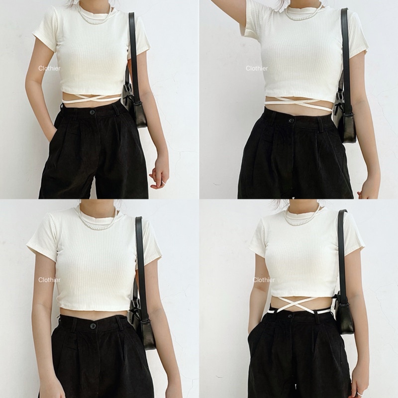 CLOTHIER - Marra Tied Ribbed Top | Criss-Cross Crop Top