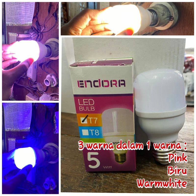 bohlam led 5 watt lampu 3 warna pink biru warmwhite