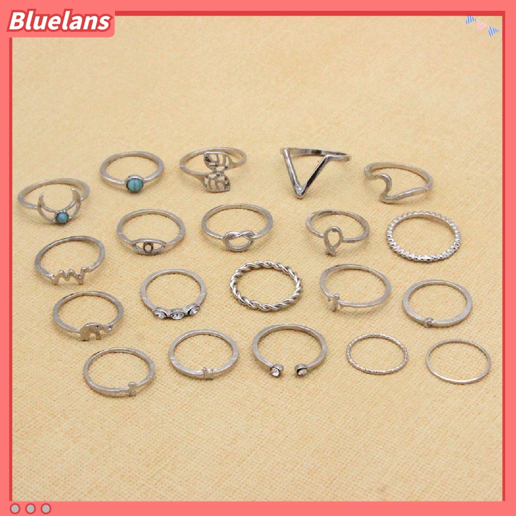 20pcs / Set Cincin Knuckle Desain Gajah Daun Aksen Berlian Imitasi Gaya Bohemia Untuk Aksesoris