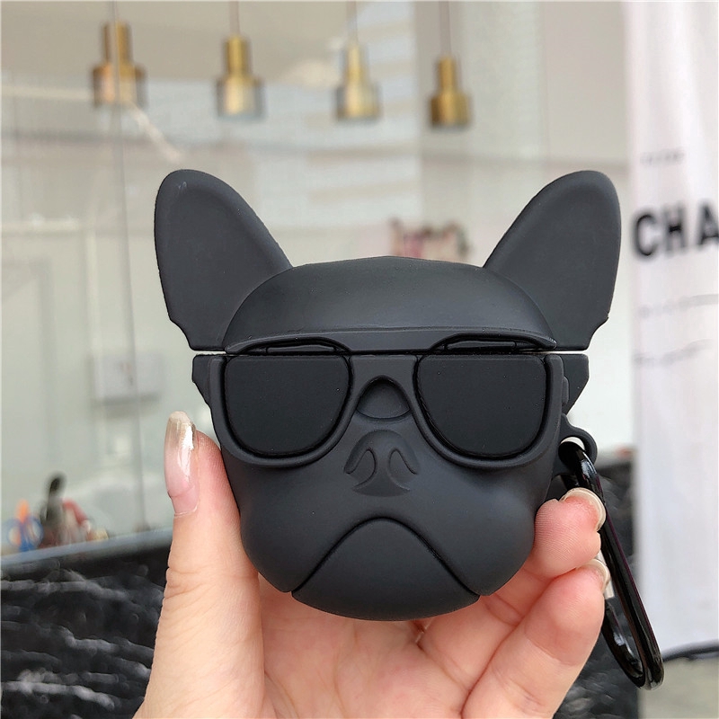 Casing Silikon Apple Airpods Pro 1/2 Gambar Anjing Berkacamata Dengan Gantungan Kunci