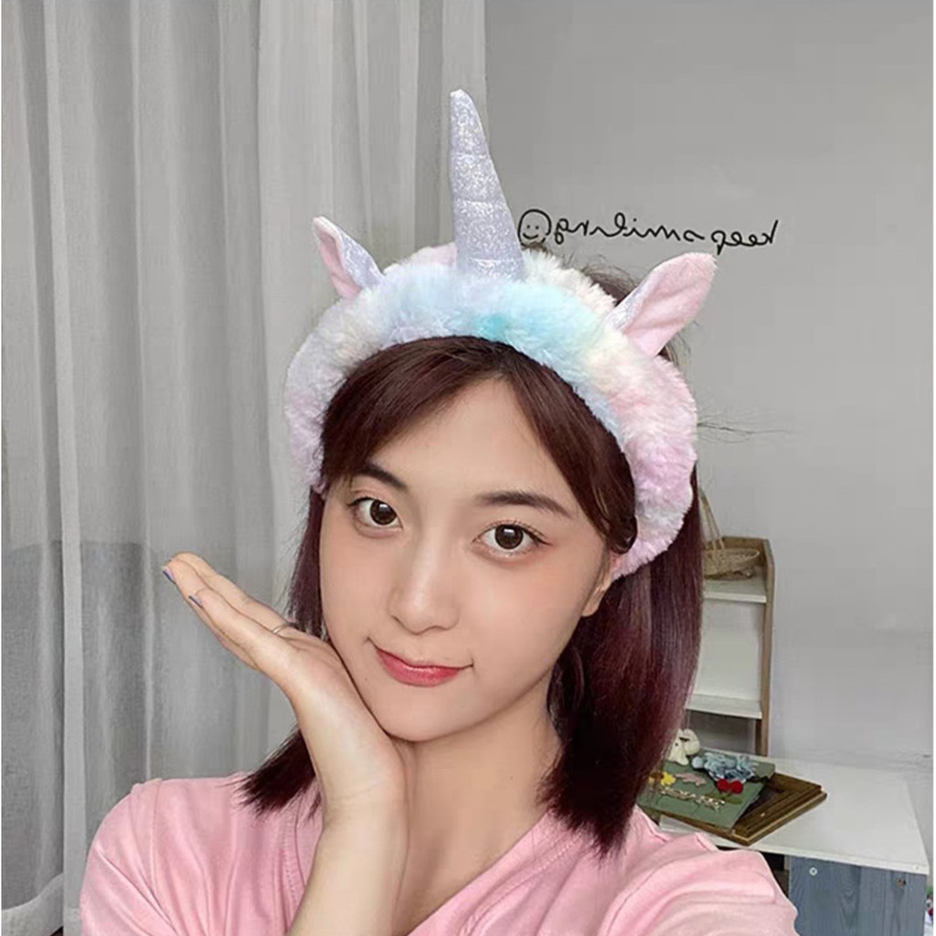 HHUN headband fluffy tanduk kuda unicorn bando kain handuk cuci muka facial