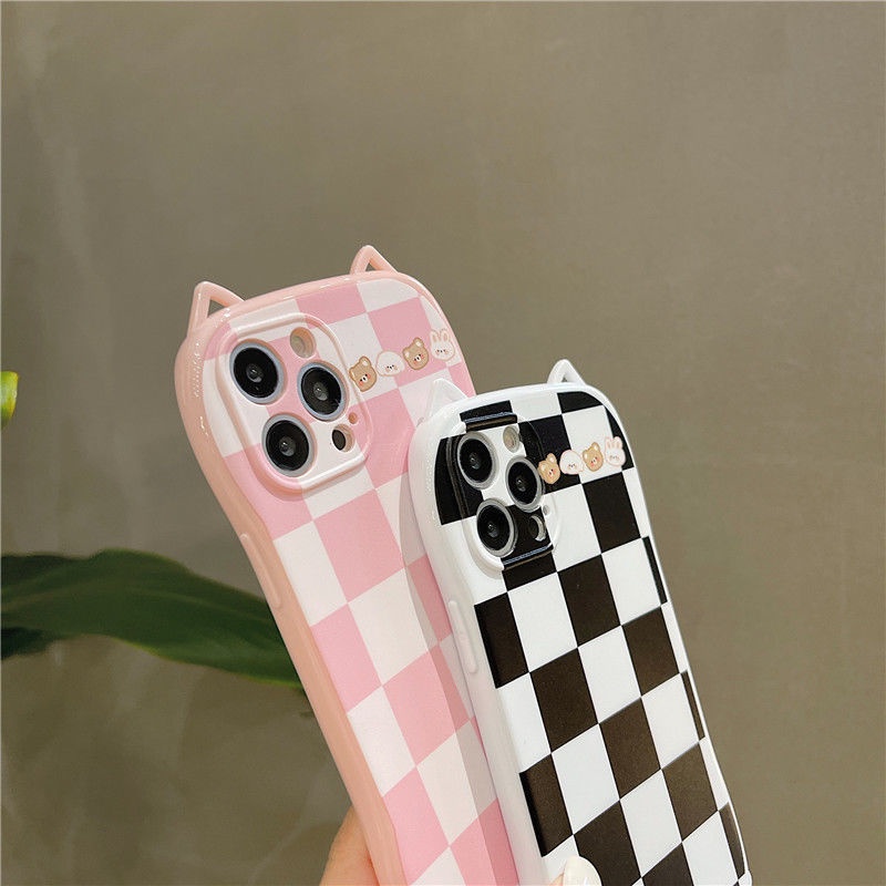 Case Desain Telinga Kucing Kotak-Kotak Untuk Iphone 11 12 Pro Max Xr Xsmax 7 8 Plus Se2020