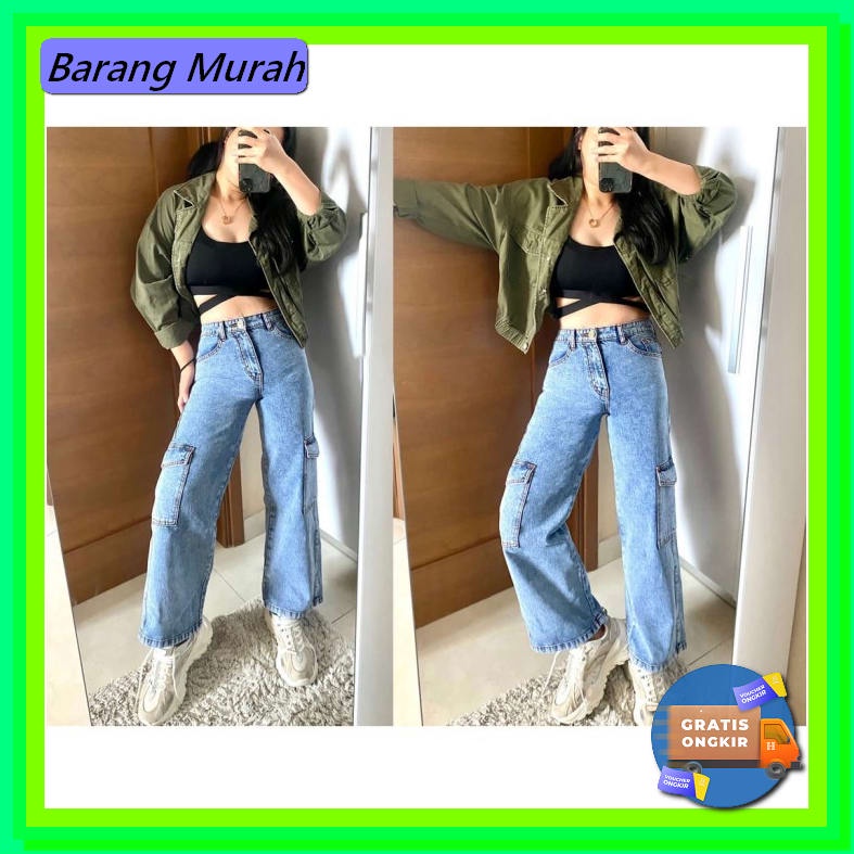 Celana Jeans Wanita Kekinian Clana Jins Cewek Hw Pinggang Karet B QW541 Myredo - Celana Kulot Jeans