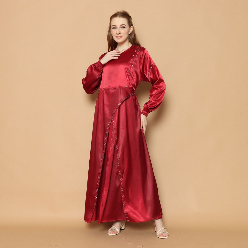 BAJU GAMIS WANITA PAYET BAHAN SATIN PREMIUM WARNA HITAM MAROON HIJAU UNTUK LEBARAN ALL SIZE MEWAH