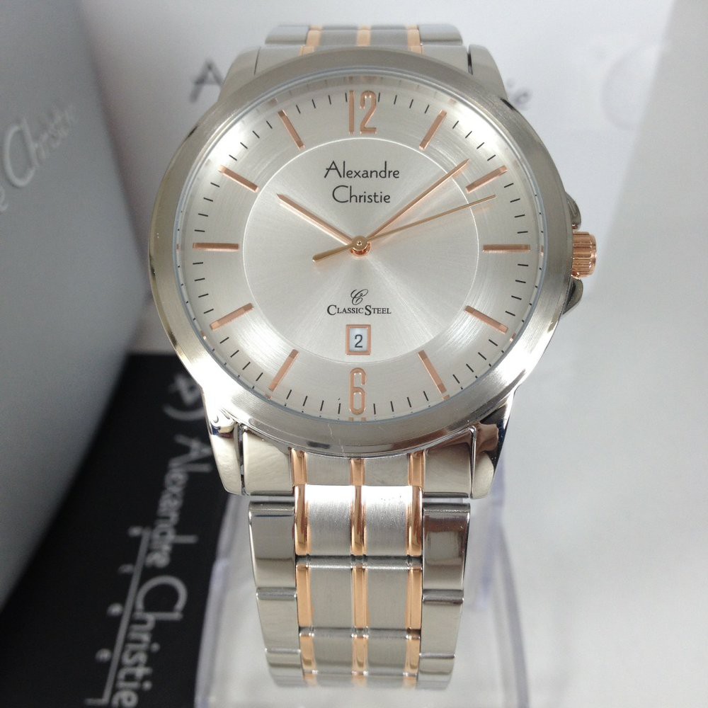 Jam Tangan Pria Alexandre Christie 8298 40mm silver rosegold MKR Original