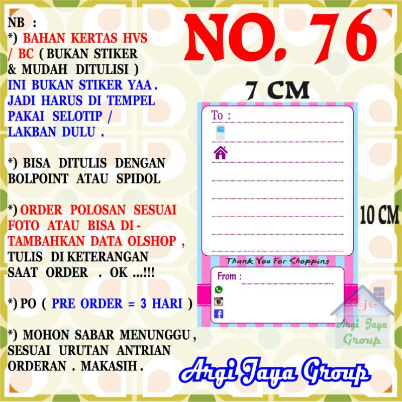 

Label Pengiriman Alamat Olshop Murah Nomer 76 - 10x7cm - Kertas BC (Manila)